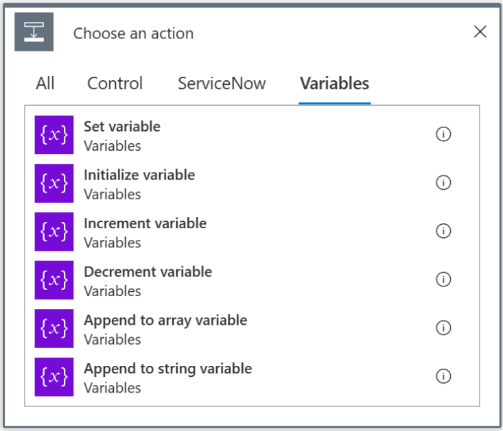 Screenshot of the variable actions available, shown under the Variables tab in the Choose an action menu.