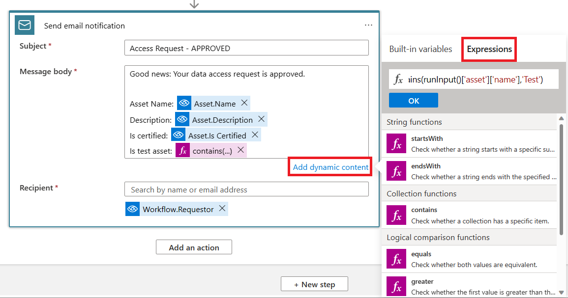 Screenshot showing a workflow text field with Use dynamic content highlighted and the expressions tab shown.