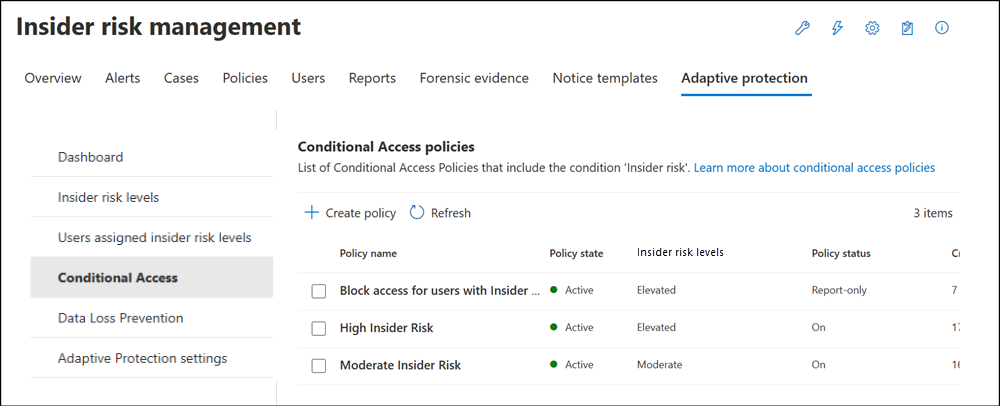 Insider risk management Adaptive Protection Conditional Access policies.