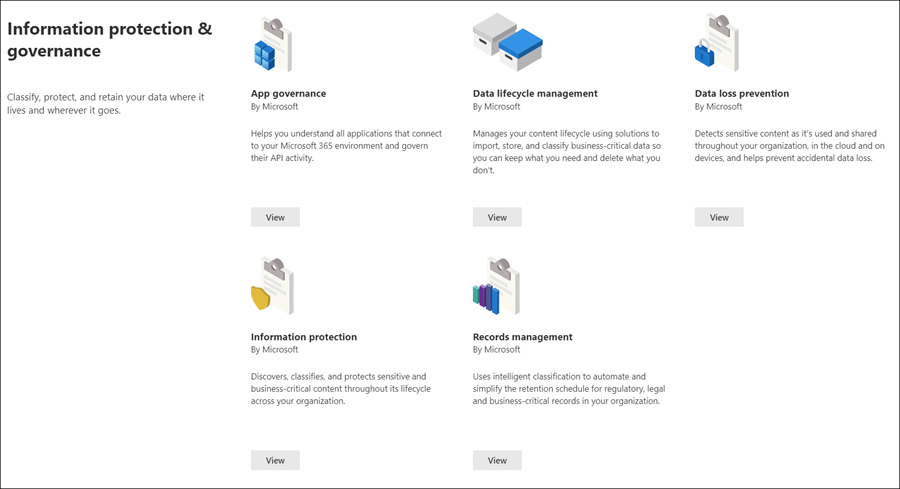 Microsoft Purview solution catalog information protection and governance section.