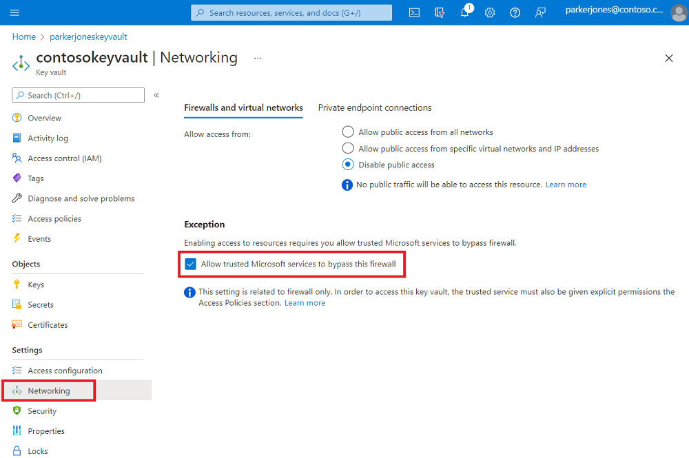 Azure Key Vault networking page with the Allow trusted Microsoft services to bypass this firewall feature enabled.