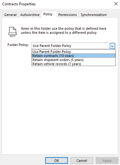 Apply default retention label for Outlook desktop folder.