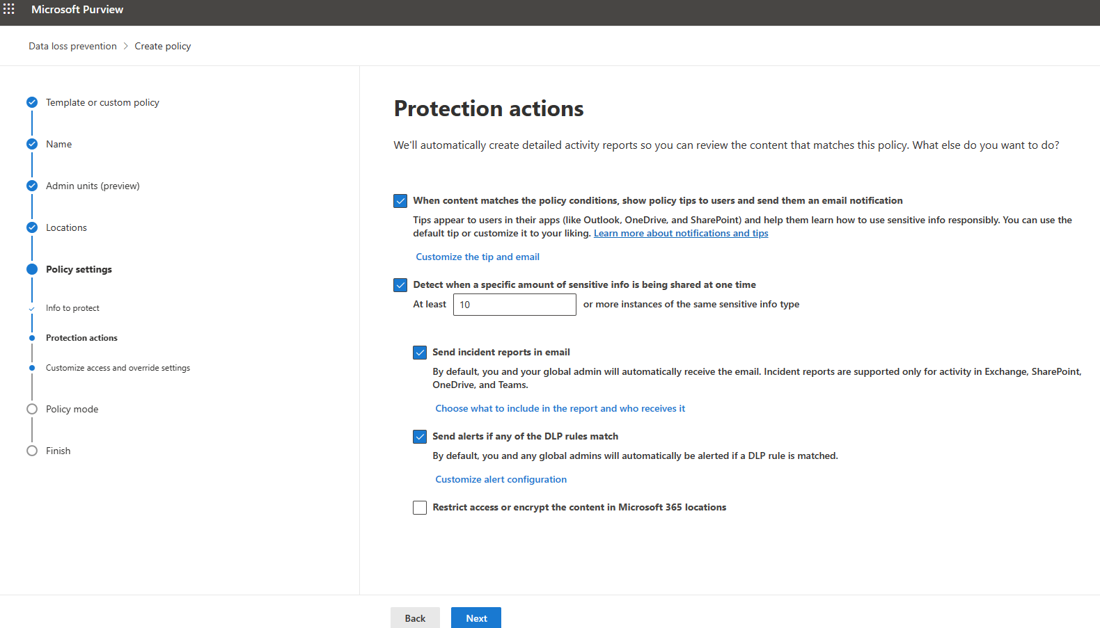 This screenshot displays the Protection actions User Notification setting.