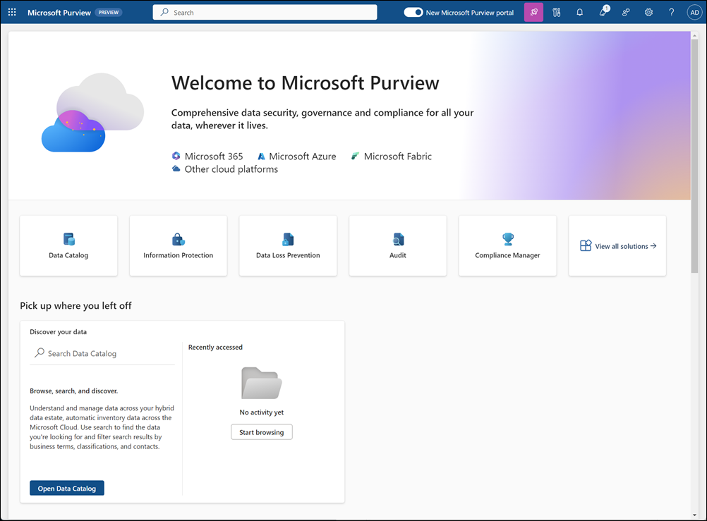 Screenshot showing the Microsoft Purview portal main page.