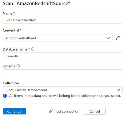 Screenshot that shows the scan menu for Amazon Redshift.