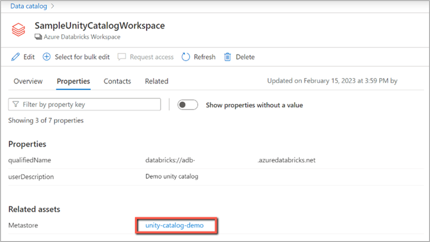 Screenshot of finding the associated Unity Catalog with Azure Databricks source.