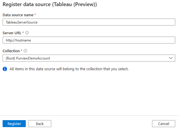 Screenshot of registering a Tableau server source.