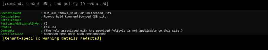 Screenshot of the cmdlet result showing that the specified hold doesn't apply to the site.