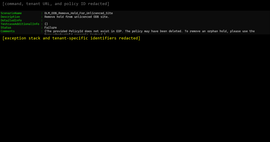Screenshot of the cmdlet result showing that the specified policy ID doesn't exist in EOP.