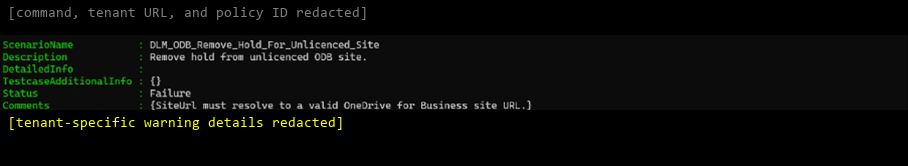 Screenshot of the cmdlet result showing that the OneDrive for Business site URL format is invalid.