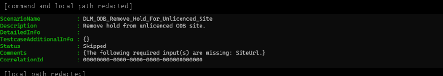 Screenshot of the cmdlet result showing that the SiteUrl parameter is required.