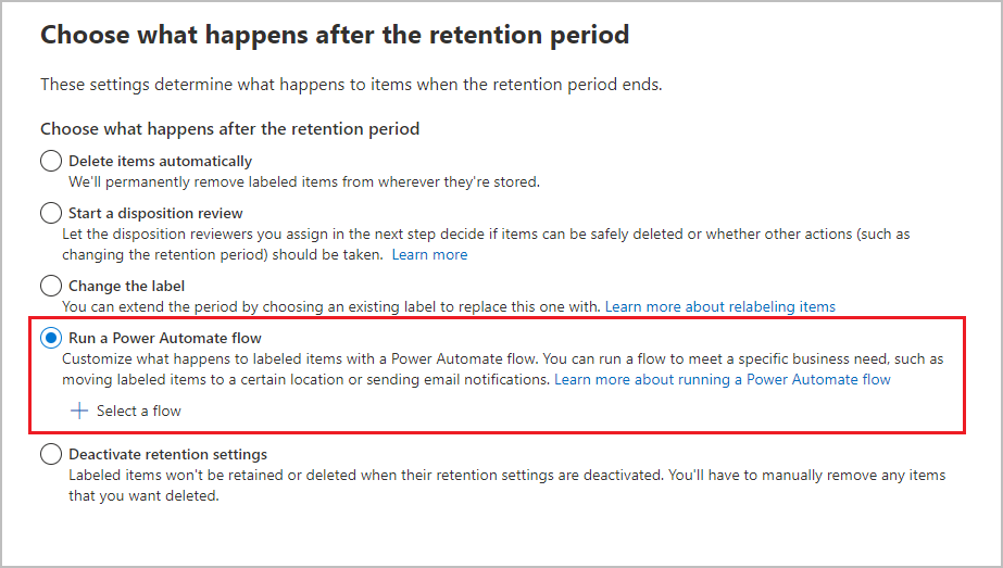 Configuring a retention label to run a Power Automate flow after the retention period expires.
