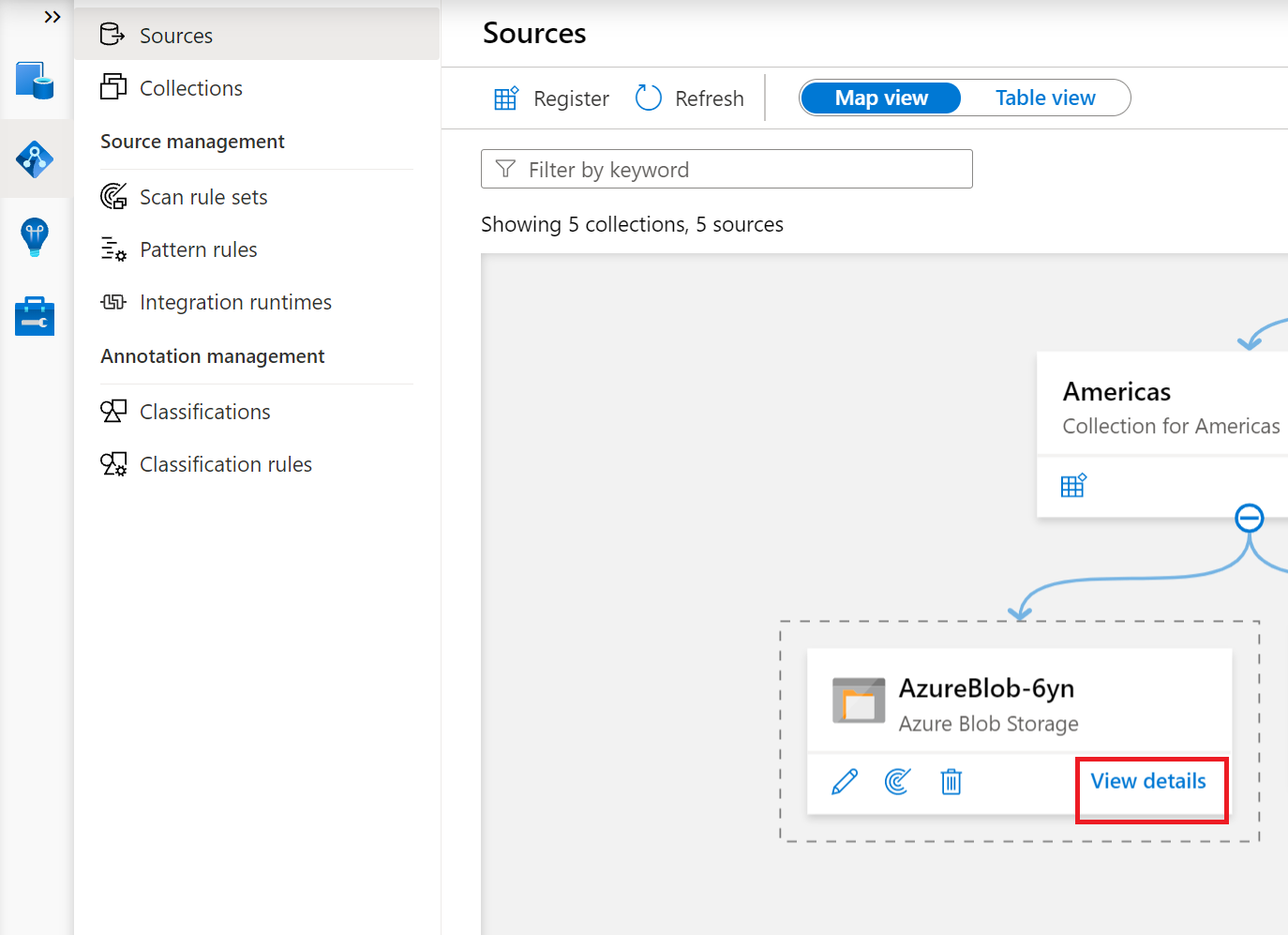 Screenshot of the data map with a source's view details button highlighted.