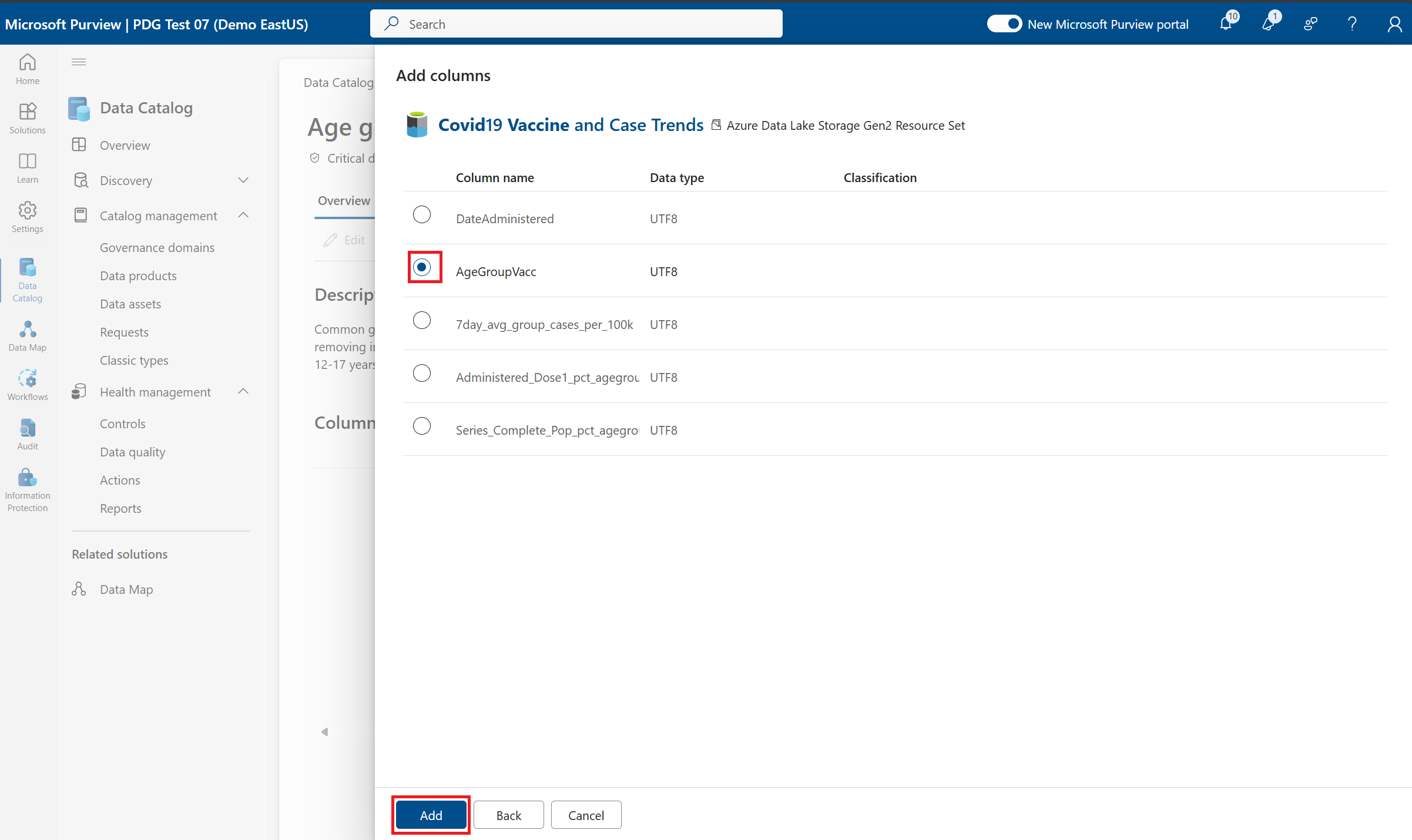 Screenshot of linking a critical data element to a column.