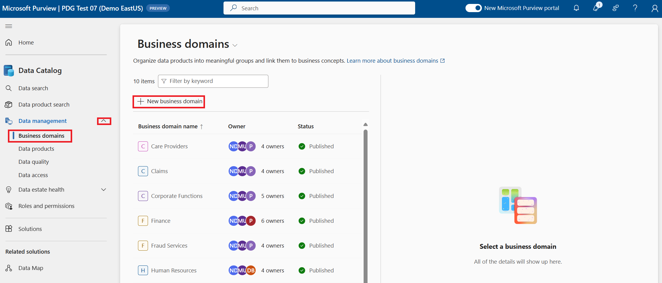 Screenshot of creating a Business Domain.