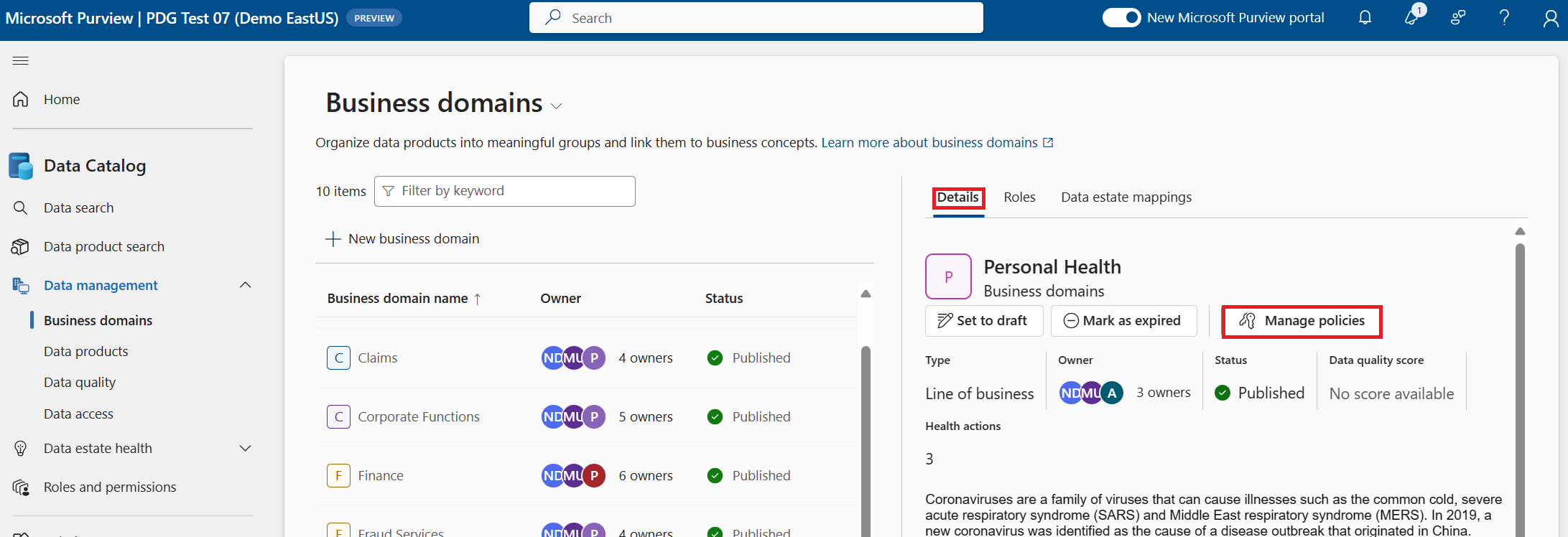 Screenshot of creating a Business Domain policy.