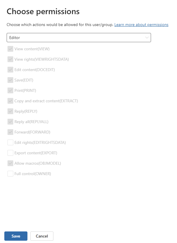 Configuration of usage rights for a sensitivity label where the permissions include EXTRACT.