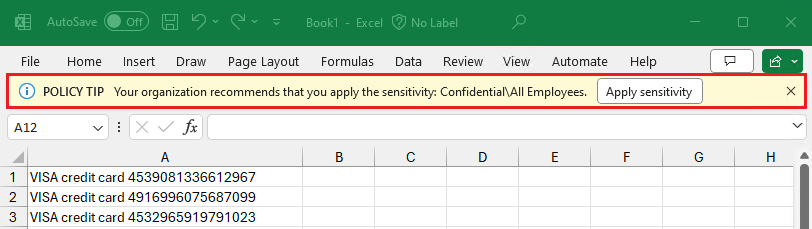 Default prompt for a user to assign a required sensitivity label in Excel.