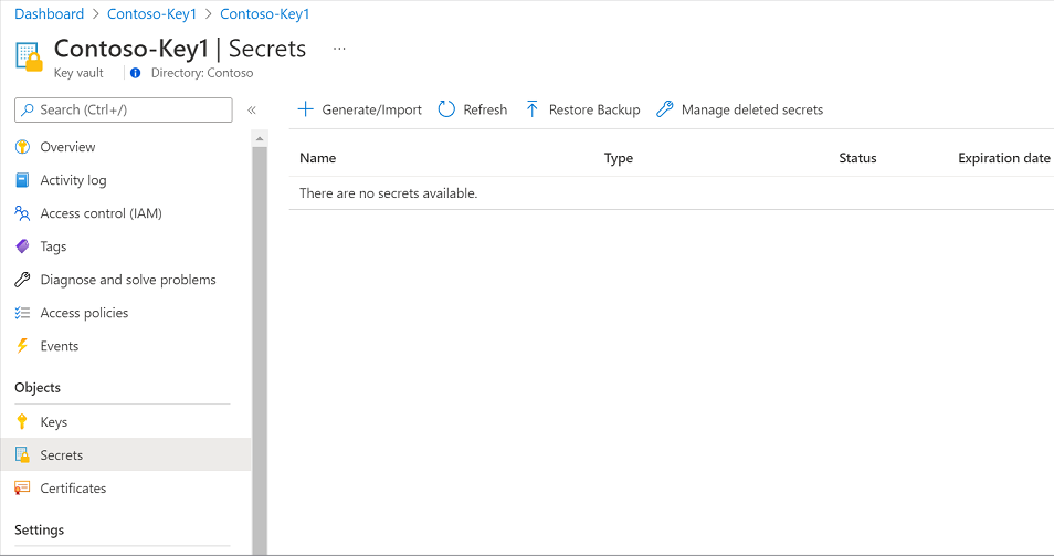 Screenshot how to navigate to Azure Key Vault and generate a secret.