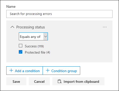 Use the Processing status condition to search for error documents.