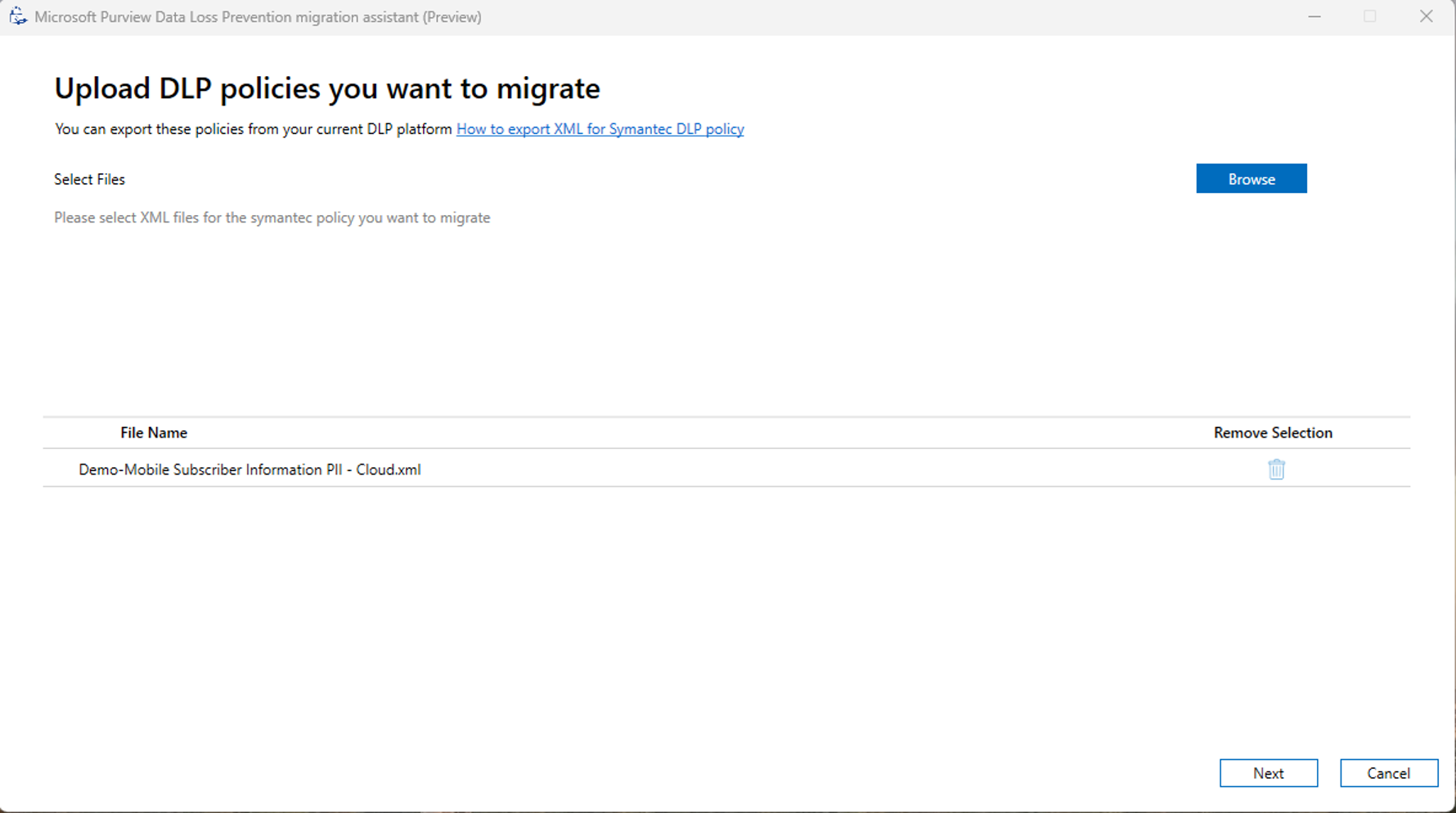 Screenshot of uploading DLP Policies to migrate.