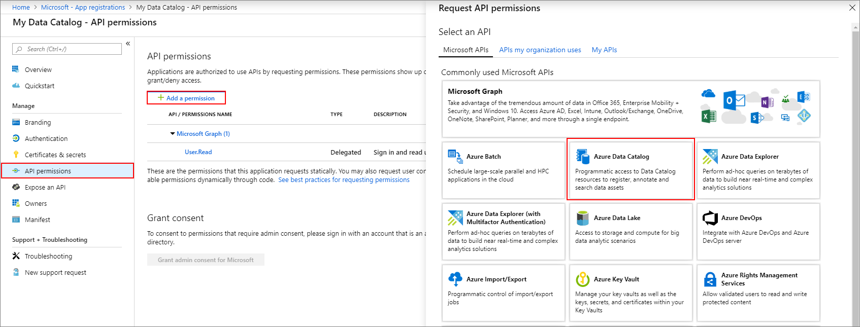 In the Azure portal, select Request permissions