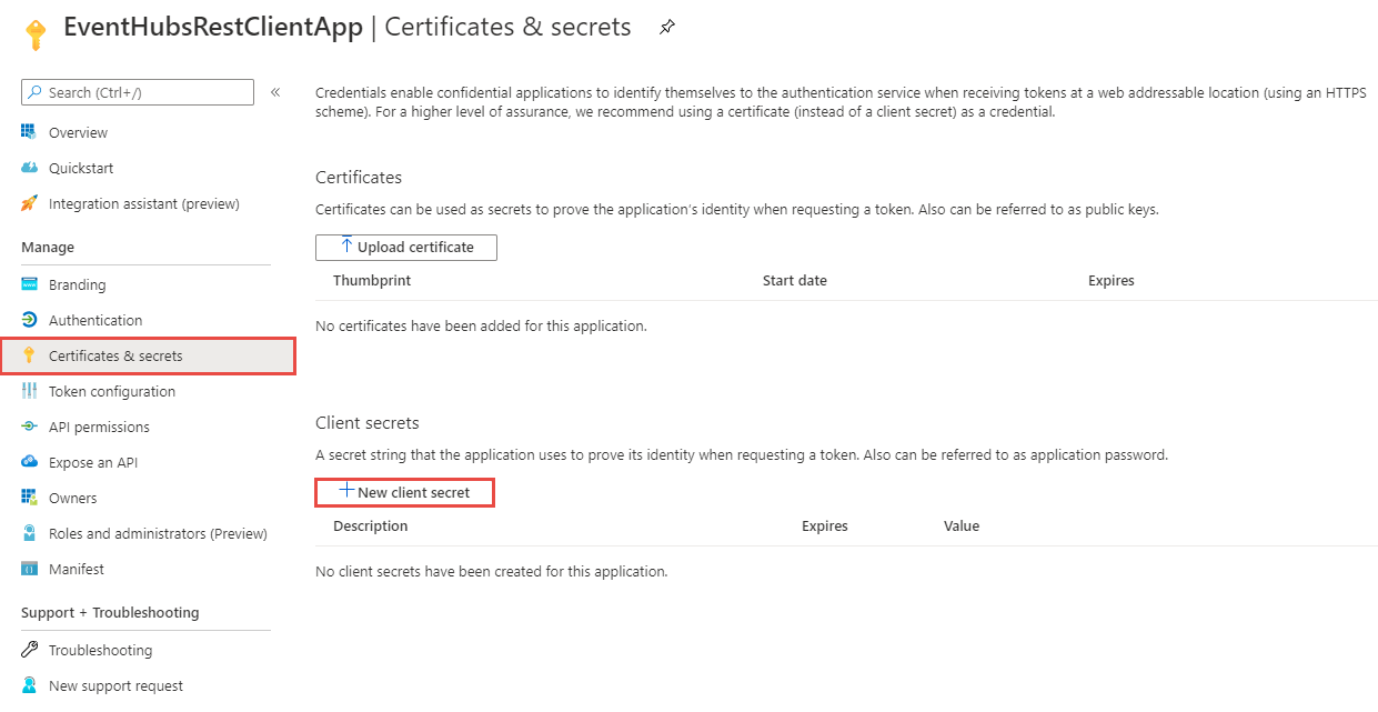 Switch to Certificates & Secrets page, and select New client secret