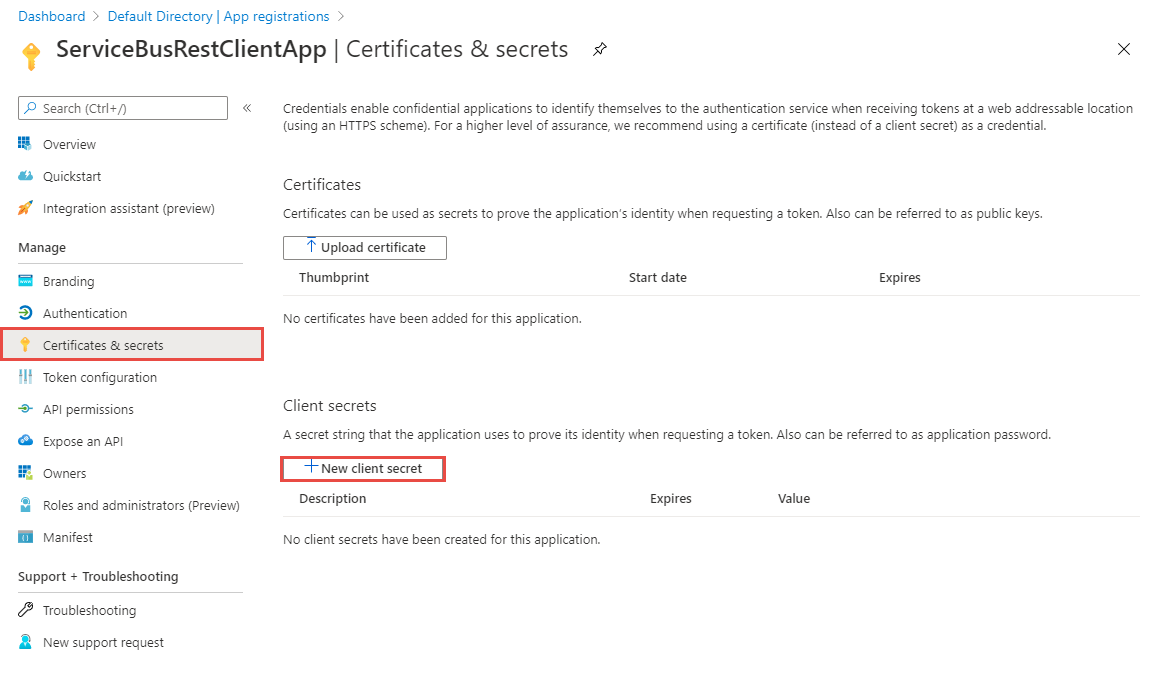 Switch to Certificates & Secrets page, and select New client secret