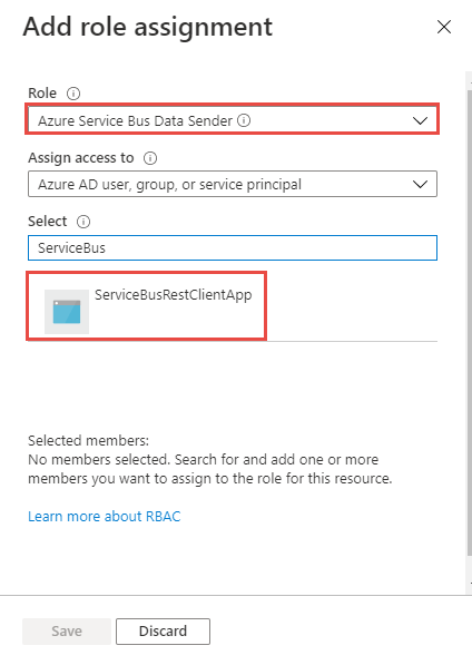 Add app to the Azure Service Bus Data Sender role