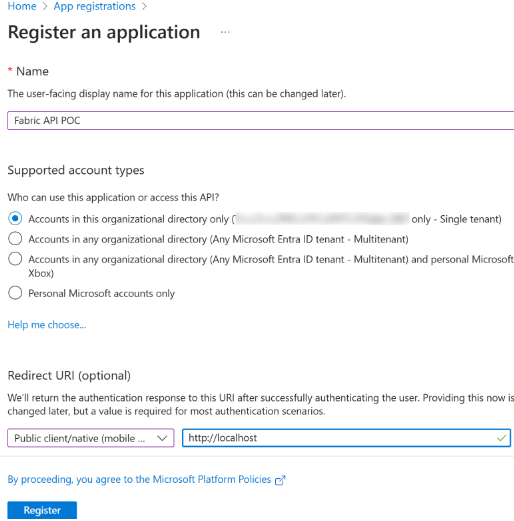 Screenshot that shows a form of app registration.
