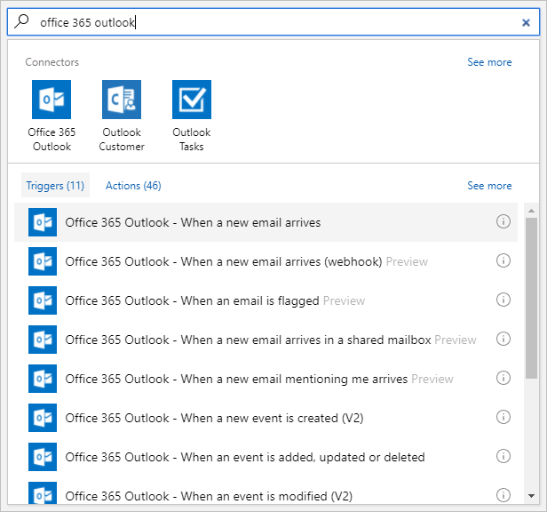 Select trigger: "Office 365 Outlook - When a new email arrives"