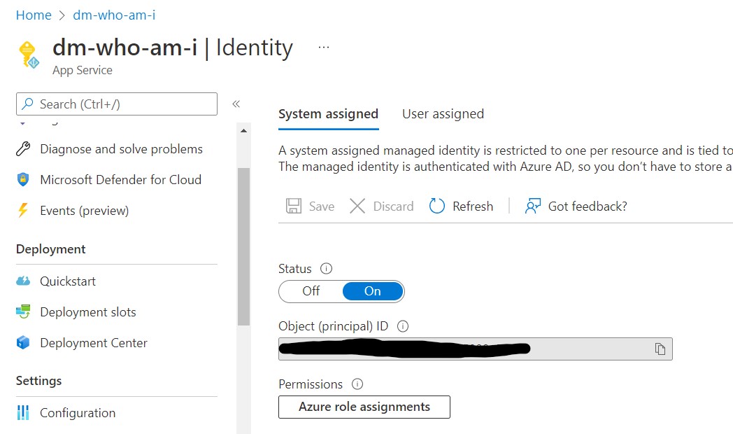 Azure Portal showing Managed Service Identity enabled for a sample App Service