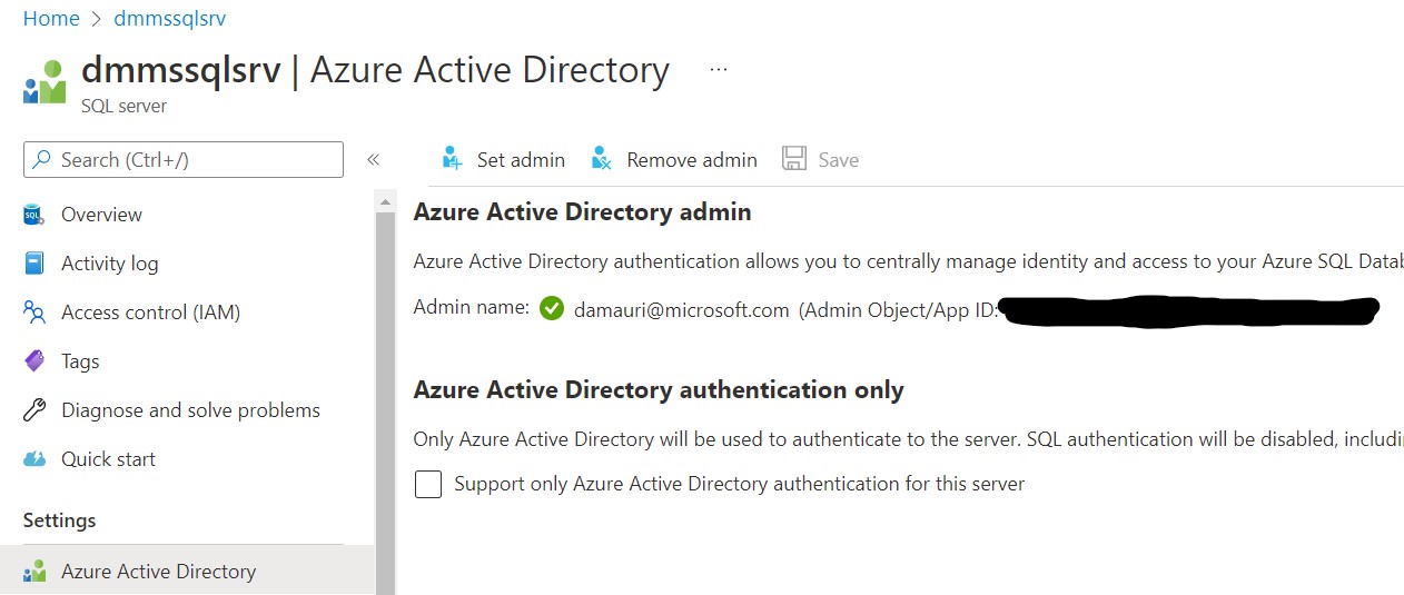 Azure Portal showing Azure Active Director admin assigned to Azure SQL server