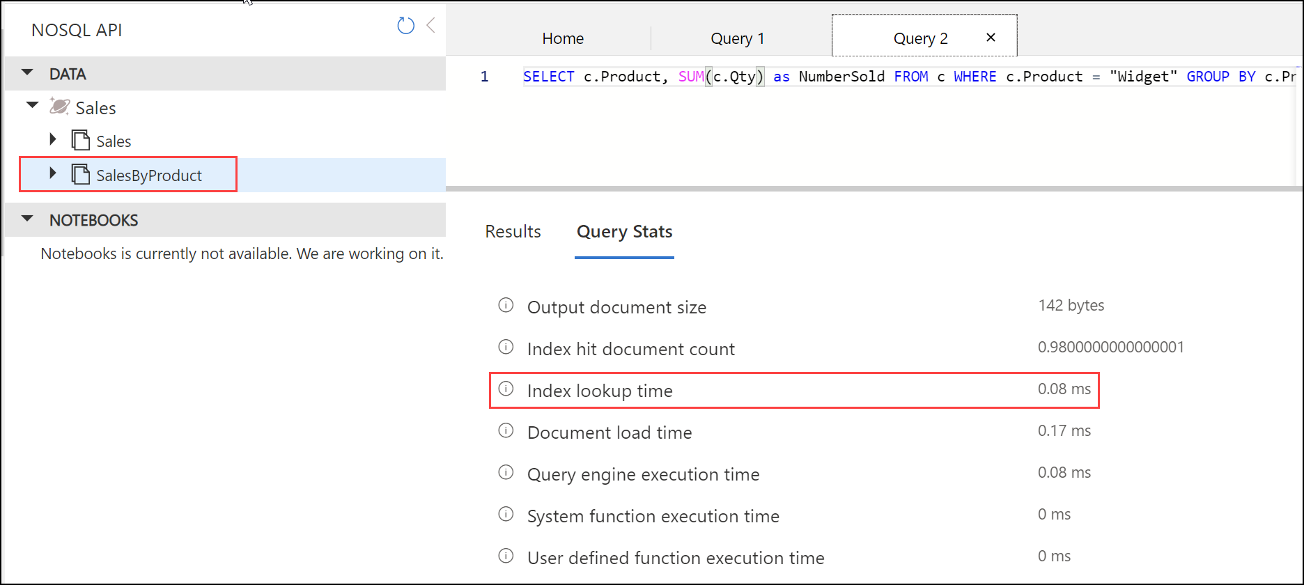 Screenshot of Data Explorer with the query run over the SalesByProduct container. The SalesByProduct container in navigation and the 'Index lookup time' in Query Stats are highlighted.
