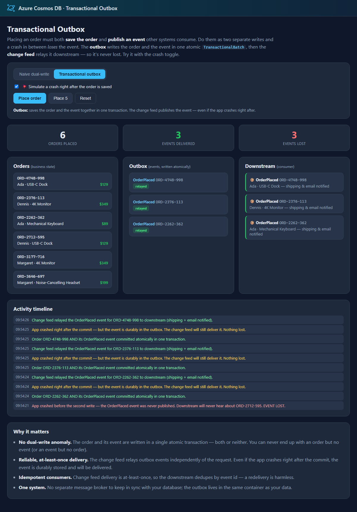Transactional Outbox web front end: naive-vs-outbox crash playground with orders, outbox, and downstream