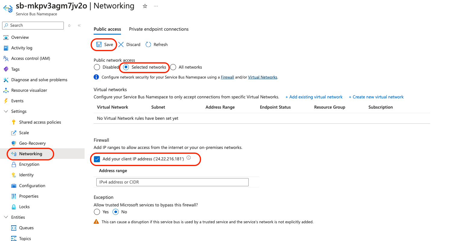 Service Bus networking page adding client IP address to firewall
