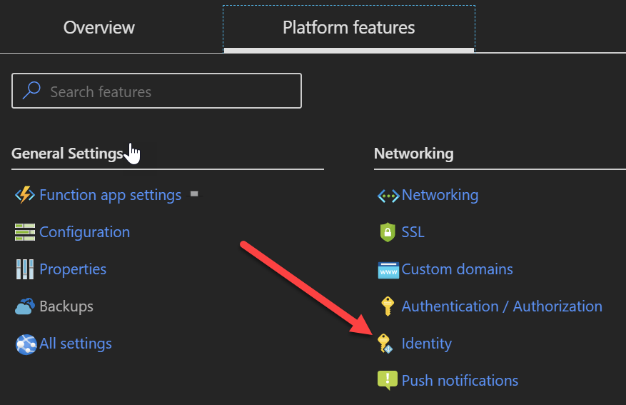 Location of 'Identity' option in a Function App's Platform Features area