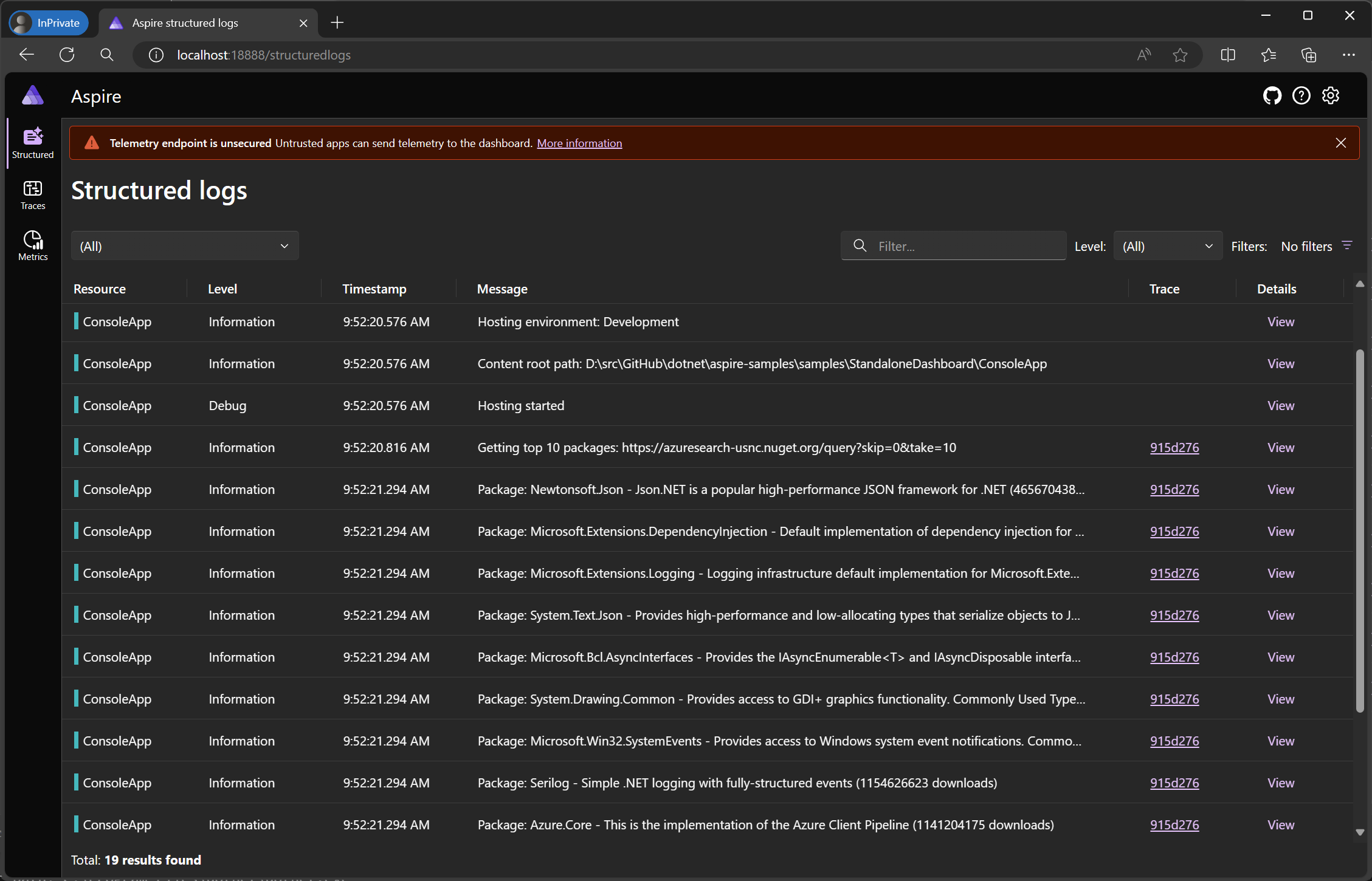 Screenshot of the standalone .NET Aspire dashboard