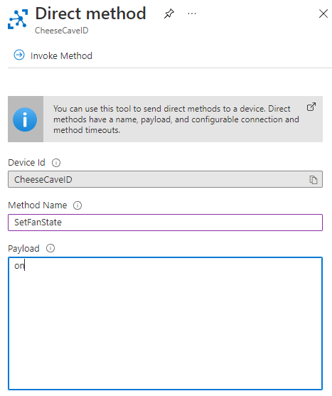 A screenshot of the Azure portal showing a direct method being invoked