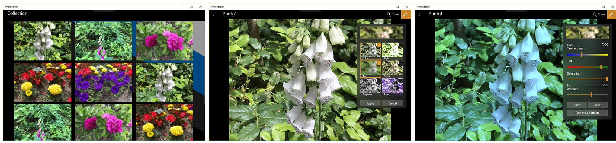 PhotoEditor sample showing the image collection page, editing page, and editing controls