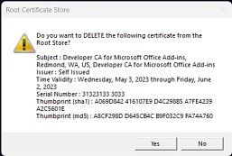 A dialog with Yes and No buttons titled Root Certificate Store. The text is the question "Do you want to DELETE the following certificate from the Root Store?" This is followed by data about a security certificate.
