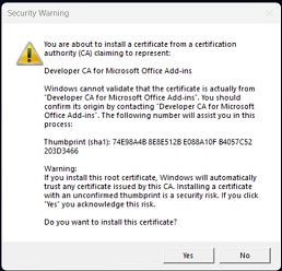 A dialog with Yes and No buttons titled Security Warning. The text is data about a security certificate. This is followed by the question "Do you want to install this certificate?"