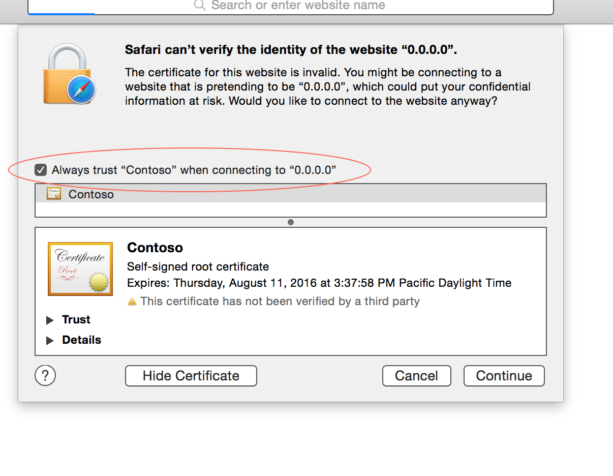 Safari security diloag to always trust the Contoso certificate