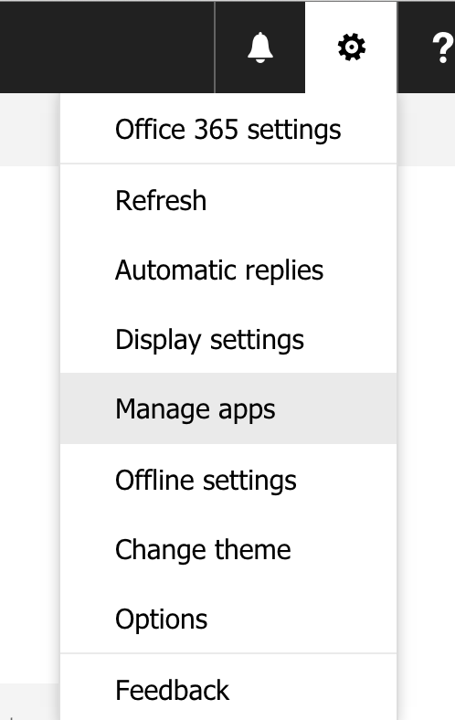 Settings dropdown for manage apps