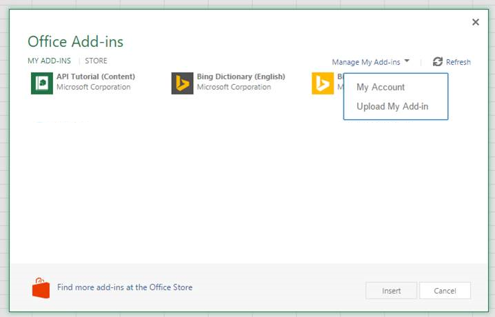 The Office Add-ins dialog with a drop-down in the upper right reading "Manage my add-ins" and a drop-down below it with the option "Upload My Add-in"