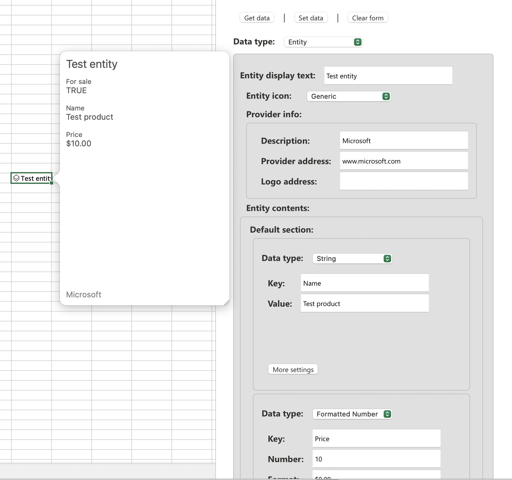 Screenshot showing the data types explorer task pane, with the entity builder displayed, and an entity card open over the Excel grid.