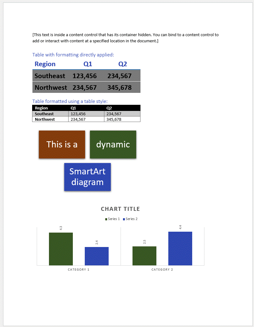 SampleDoc.docx document opened with tables and SmartArt.