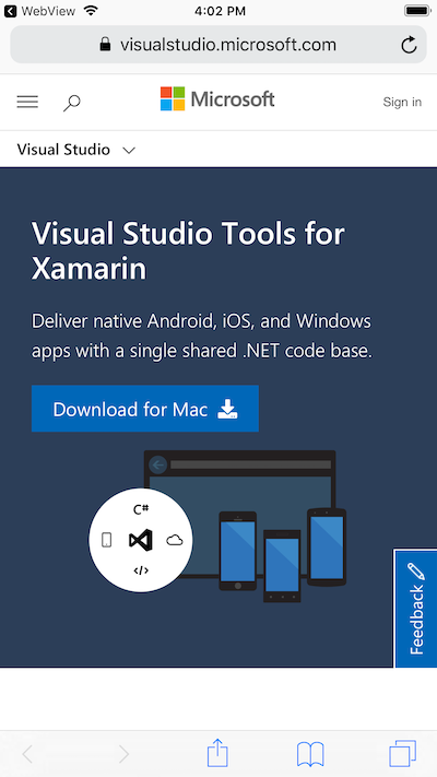 App showing web view with Xamarin website