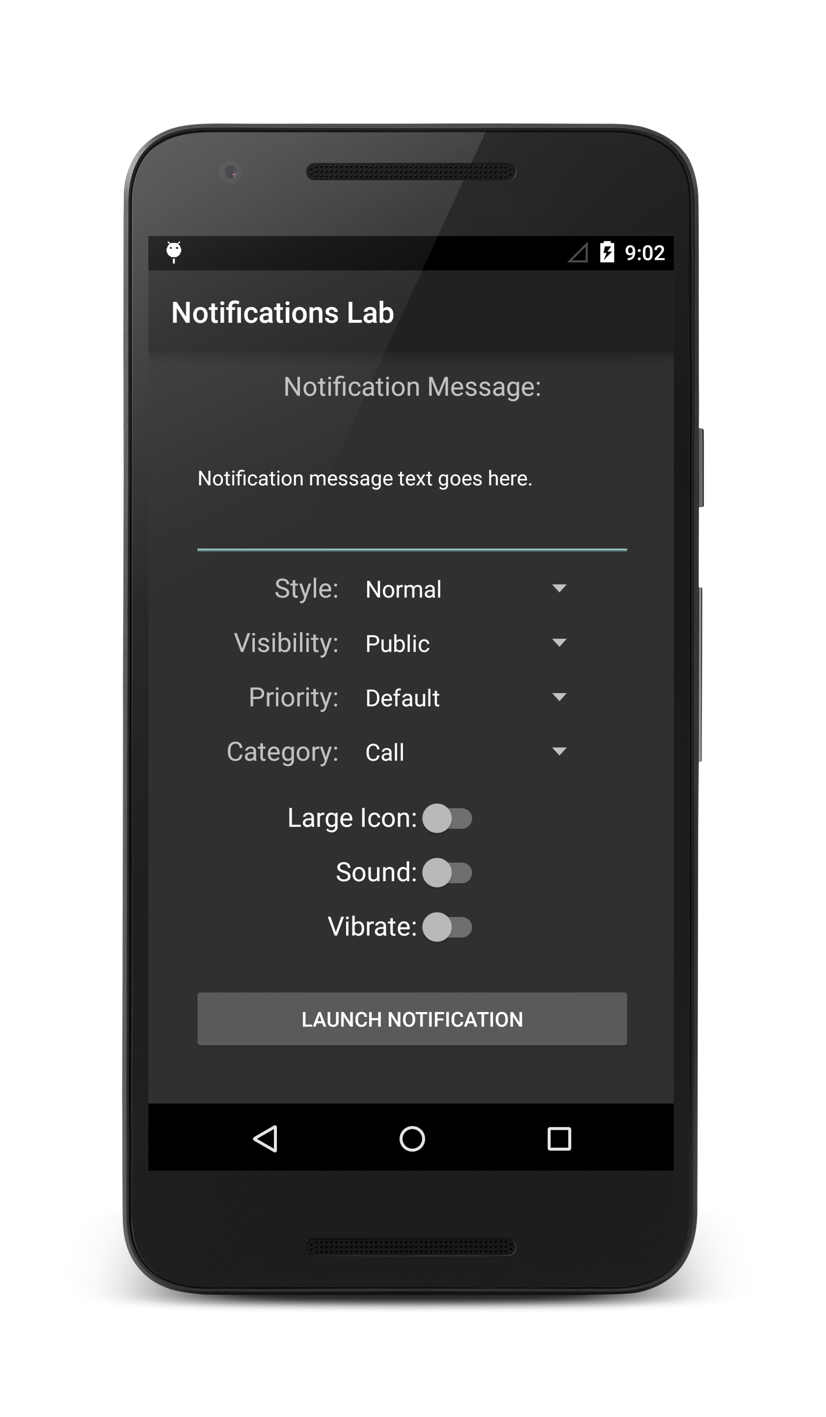 Android 5.0 Notifications Lab application screenshot