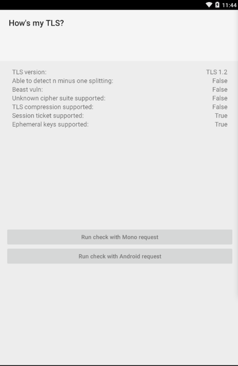 Android screenshot showing TLS settings